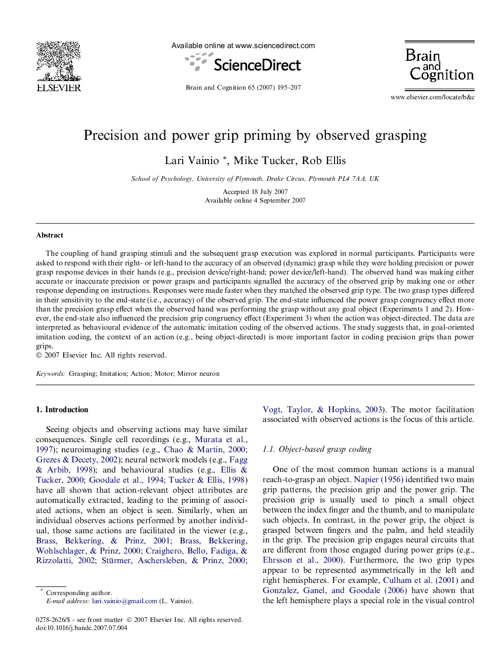 Precision and power grip priming by observed grasping