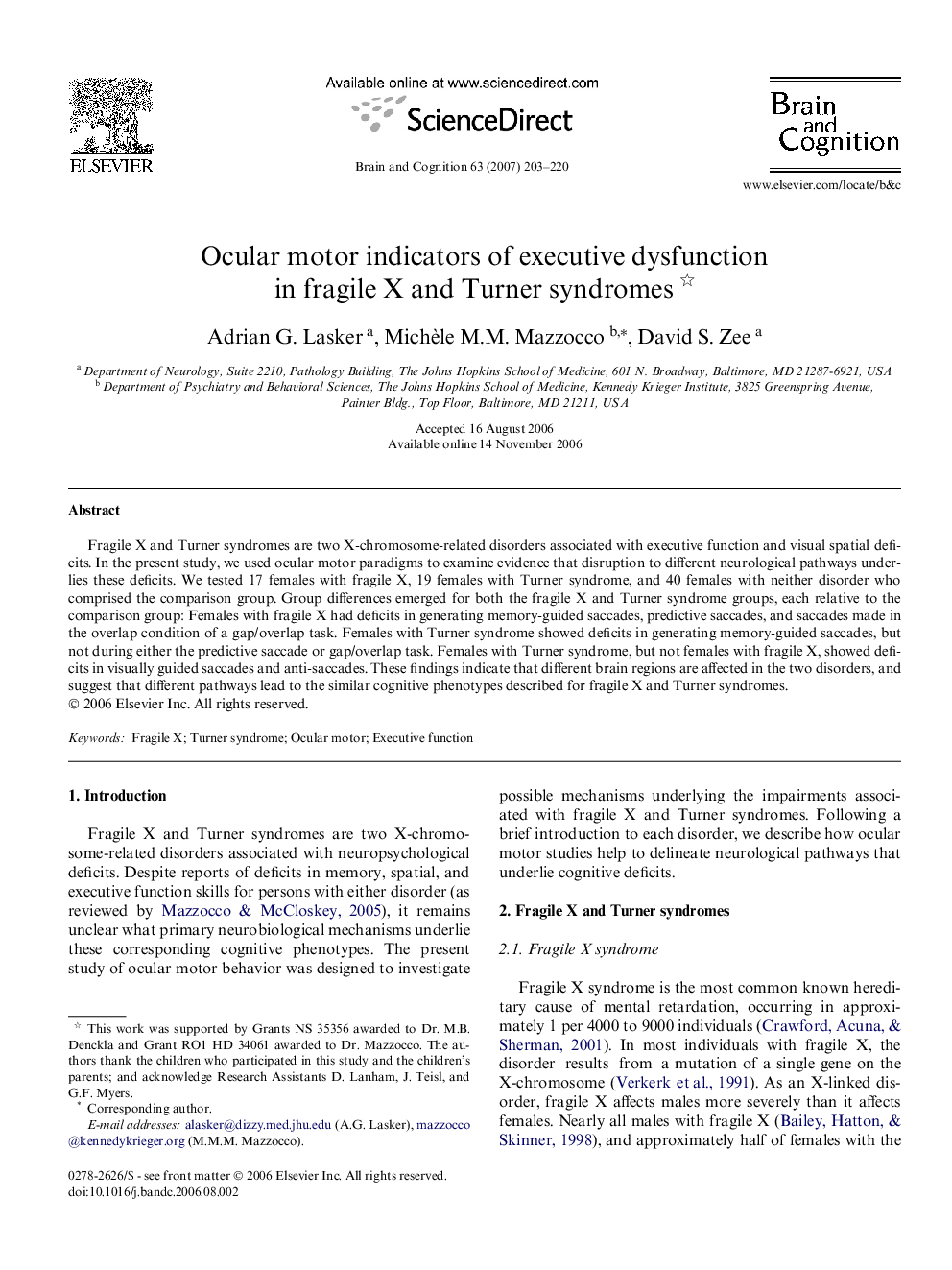 Ocular motor indicators of executive dysfunction in fragile X and Turner syndromes 