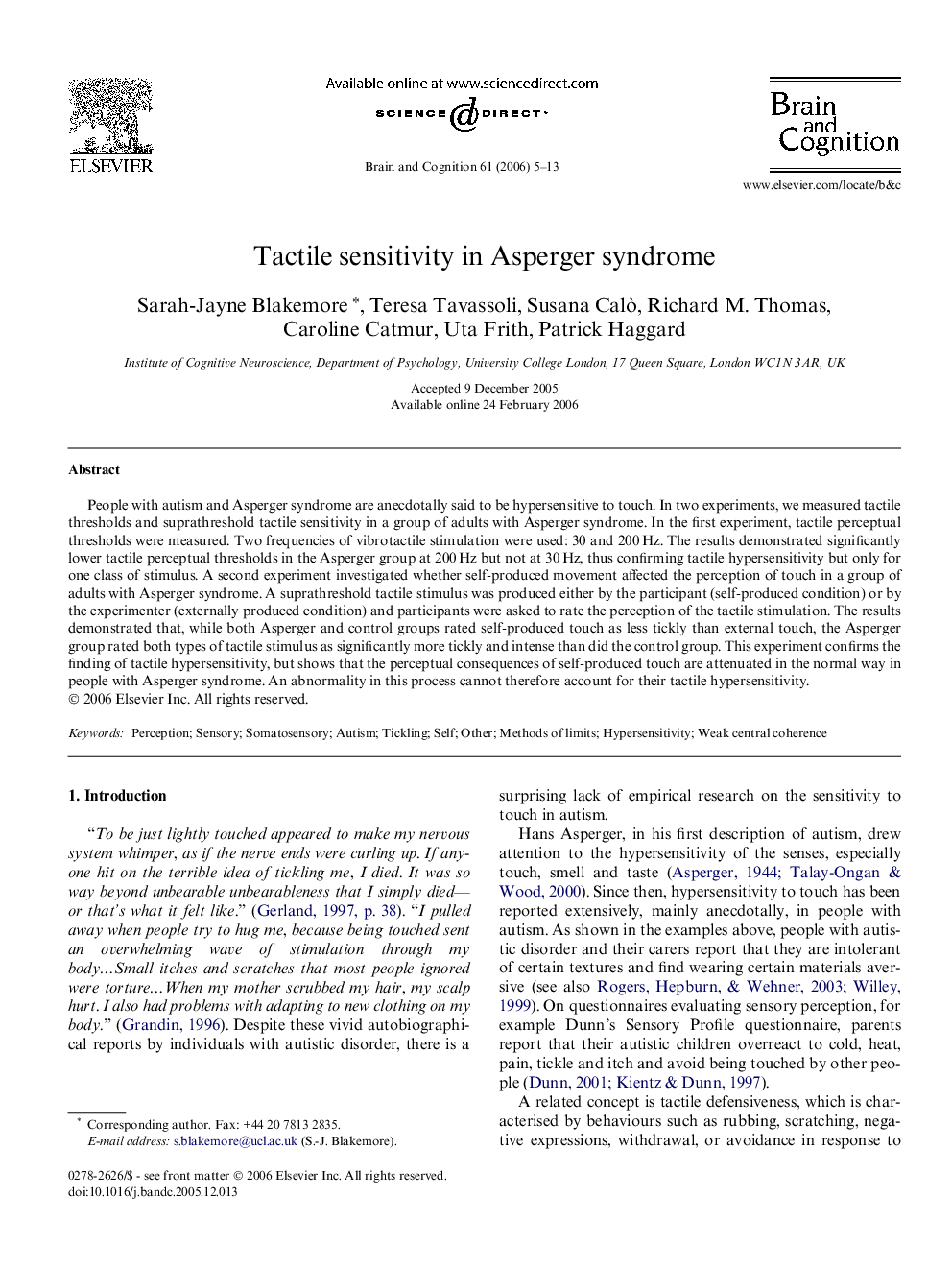 Tactile sensitivity in Asperger syndrome