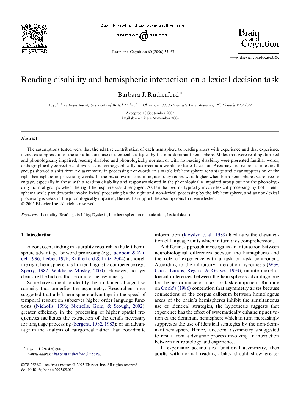 Reading disability and hemispheric interaction on a lexical decision task