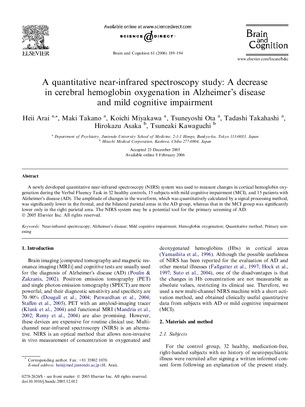 A quantitative near-infrared spectroscopy study: A decrease in cerebral hemoglobin oxygenation in Alzheimer’s disease and mild cognitive impairment