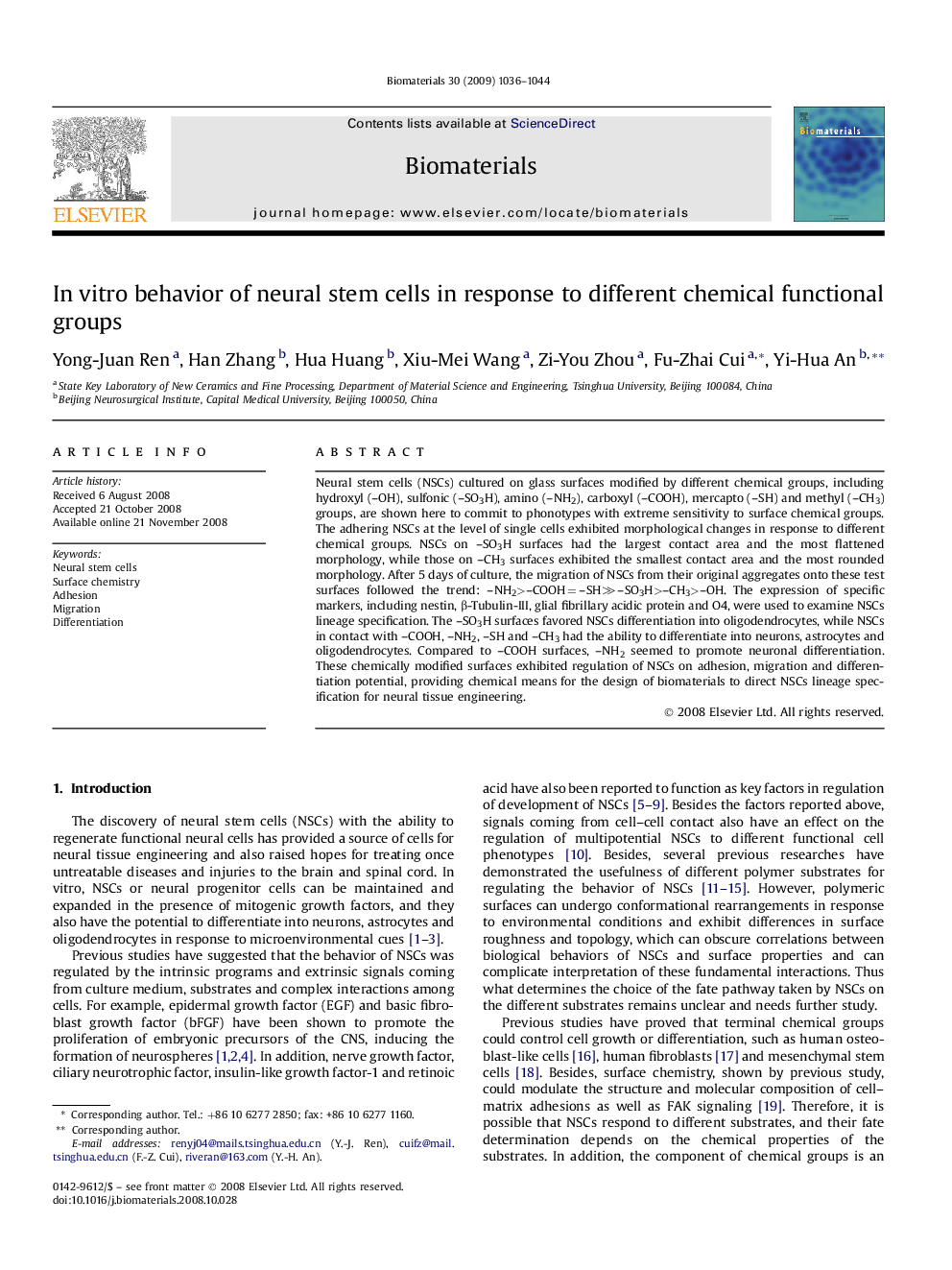 In vitro behavior of neural stem cells in response to different chemical functional groups