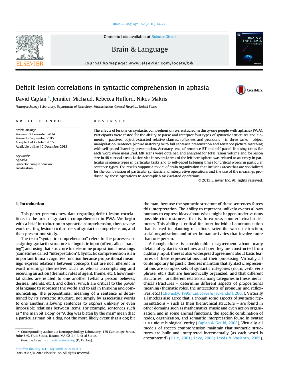 Deficit-lesion correlations in syntactic comprehension in aphasia