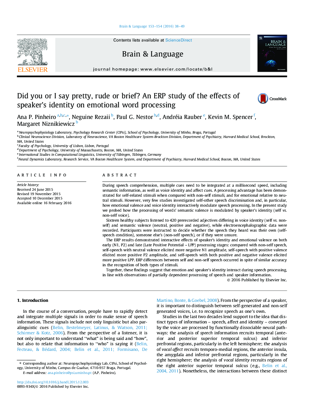 Did you or I say pretty, rude or brief? An ERP study of the effects of speaker’s identity on emotional word processing