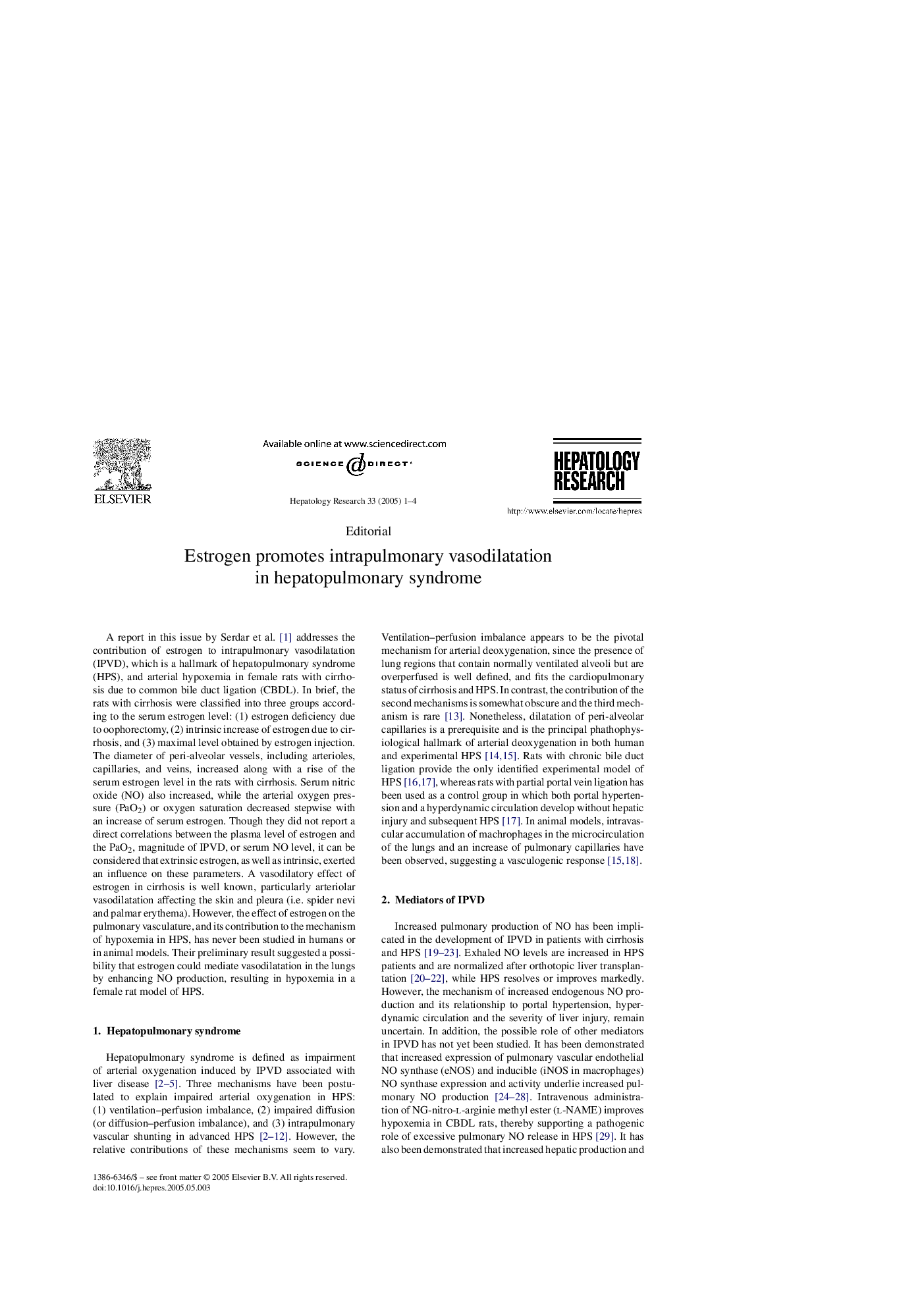Estrogen promotes intrapulmonary vasodilatation in hepatopulmonary syndrome