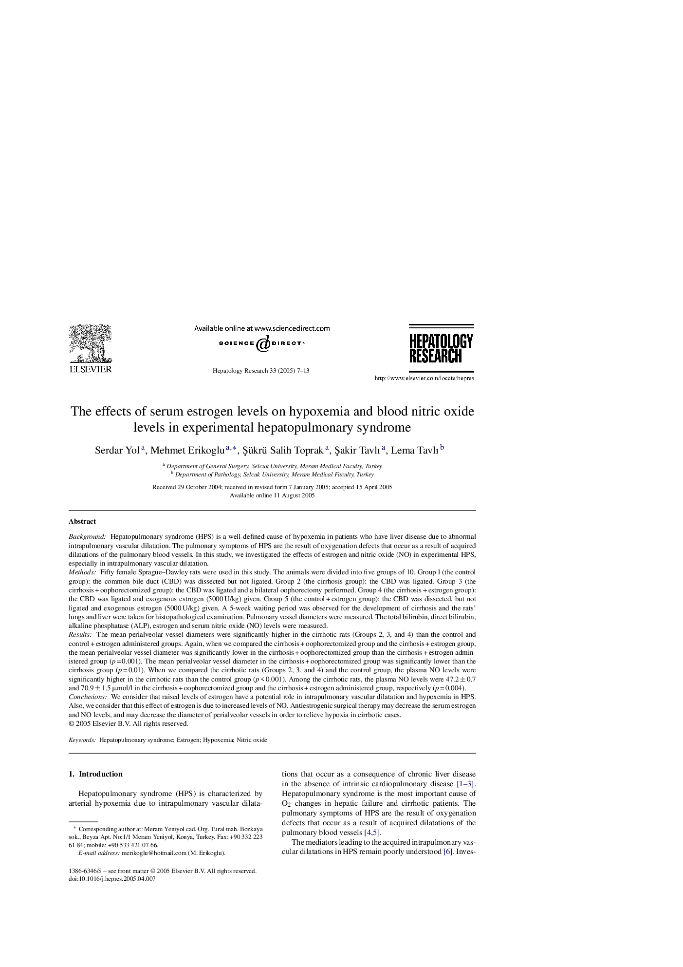 The effects of serum estrogen levels on hypoxemia and blood nitric oxide levels in experimental hepatopulmonary syndrome