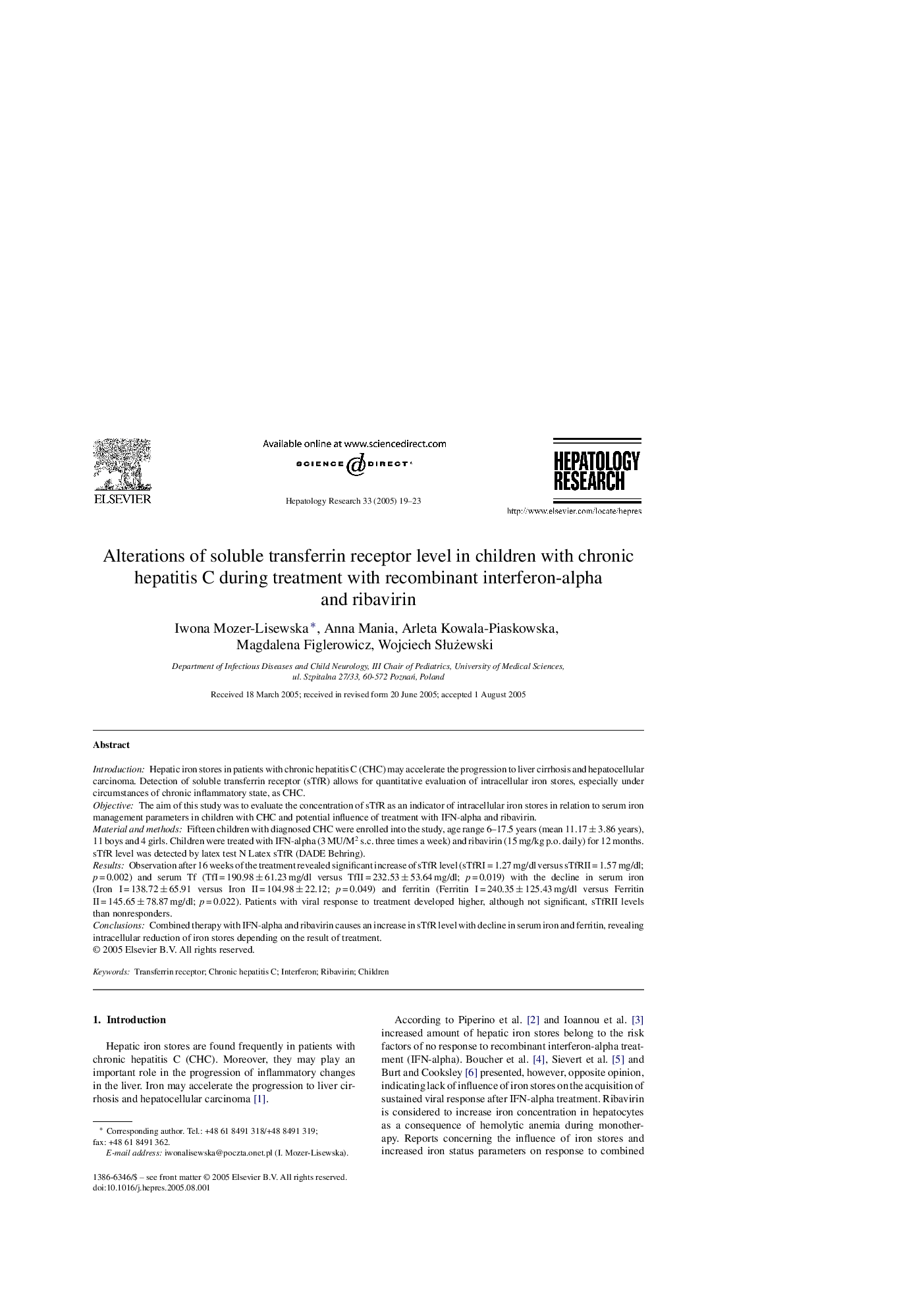 Alterations of soluble transferrin receptor level in children with chronic hepatitis C during treatment with recombinant interferon-alpha and ribavirin