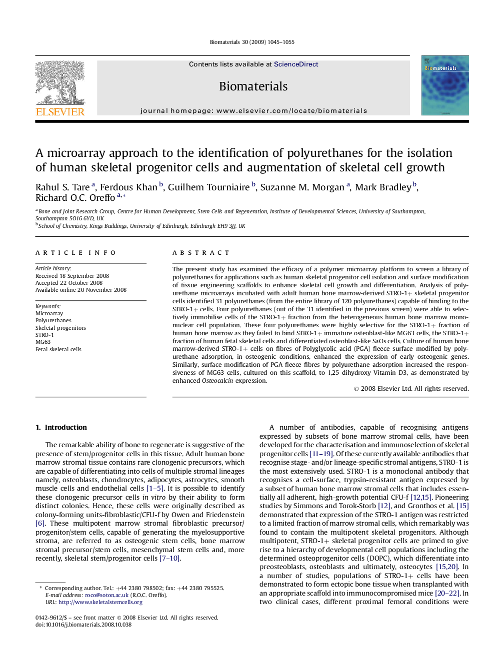 A microarray approach to the identification of polyurethanes for the isolation of human skeletal progenitor cells and augmentation of skeletal cell growth