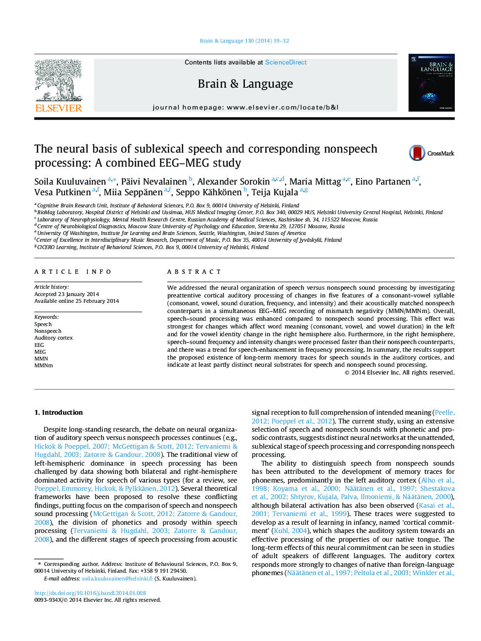 The neural basis of sublexical speech and corresponding nonspeech processing: A combined EEG–MEG study