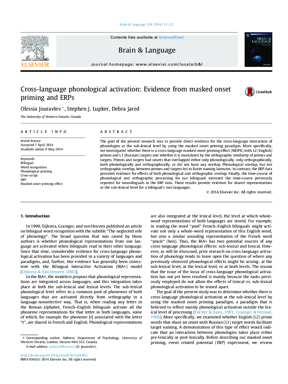 Cross-language phonological activation: Evidence from masked onset priming and ERPs