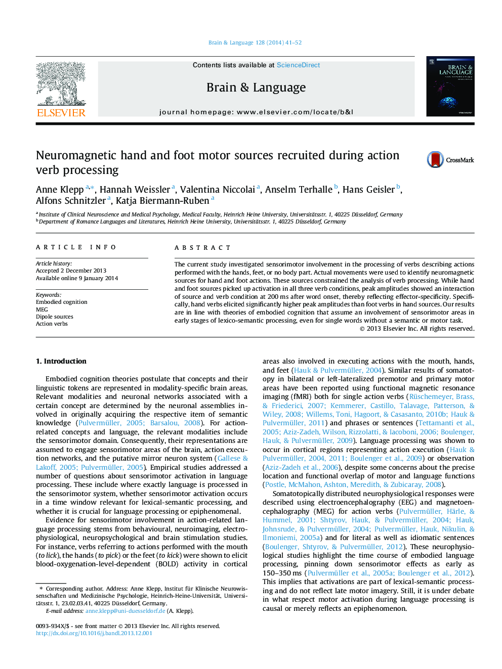 Neuromagnetic hand and foot motor sources recruited during action verb processing