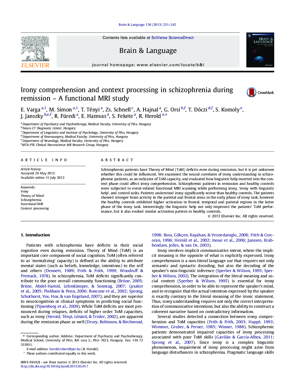 Irony comprehension and context processing in schizophrenia during remission – A functional MRI study