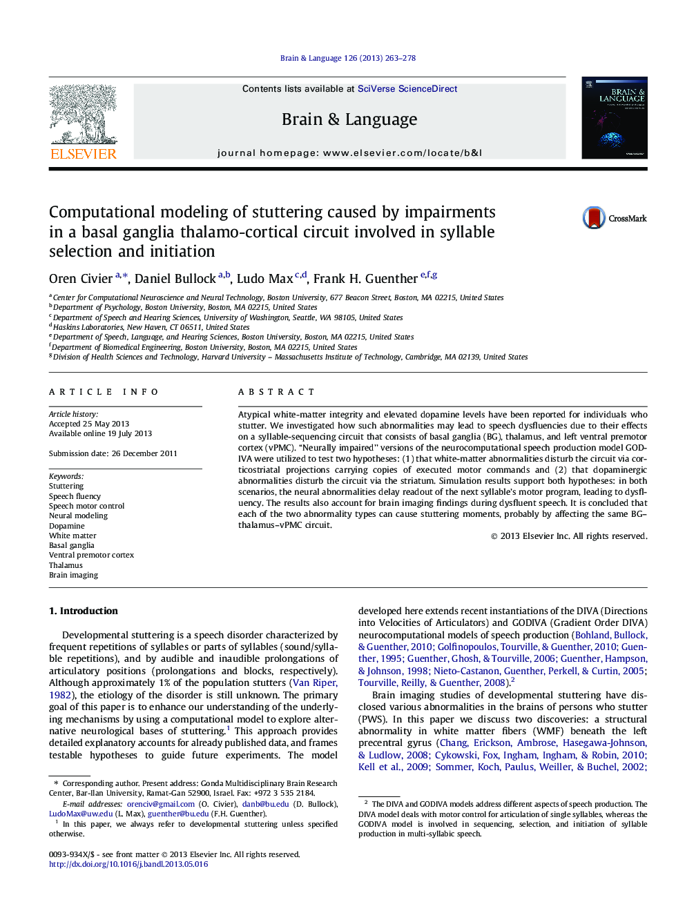 Computational modeling of stuttering caused by impairments in a basal ganglia thalamo-cortical circuit involved in syllable selection and initiation