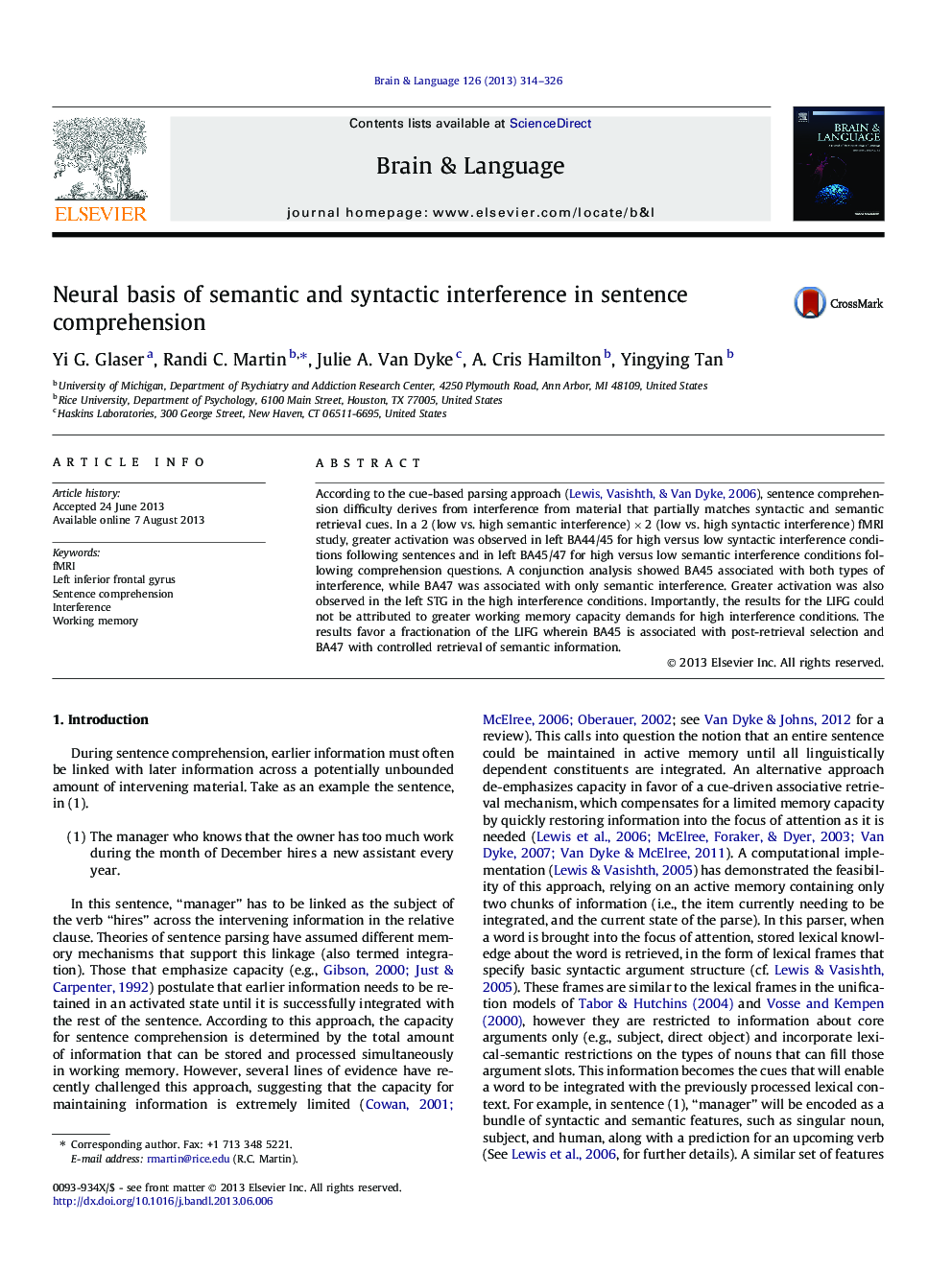 Neural basis of semantic and syntactic interference in sentence comprehension