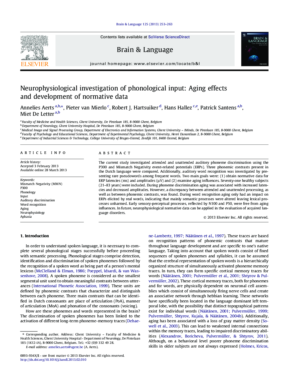 Neurophysiological investigation of phonological input: Aging effects and development of normative data