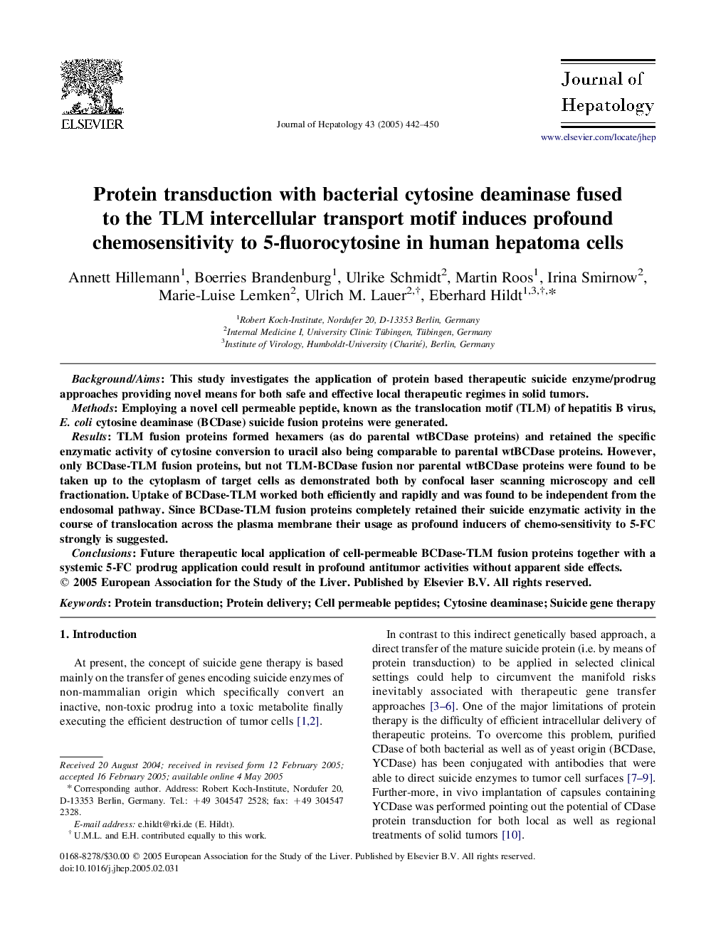 Protein transduction with bacterial cytosine deaminase fused to the TLM intercellular transport motif induces profound chemosensitivity to 5-fluorocytosine in human hepatoma cells