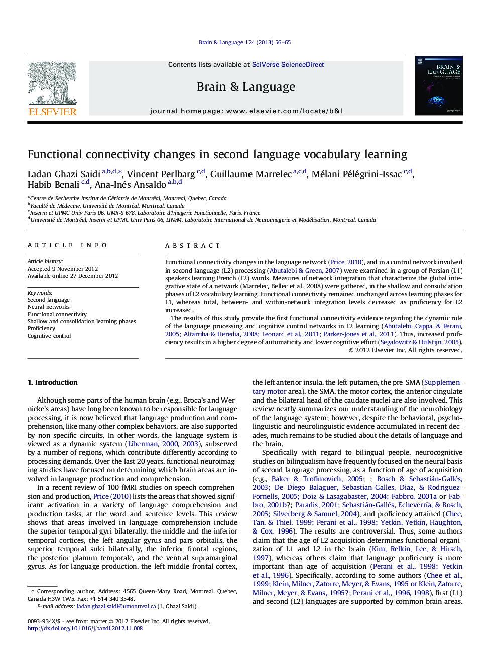 Functional connectivity changes in second language vocabulary learning