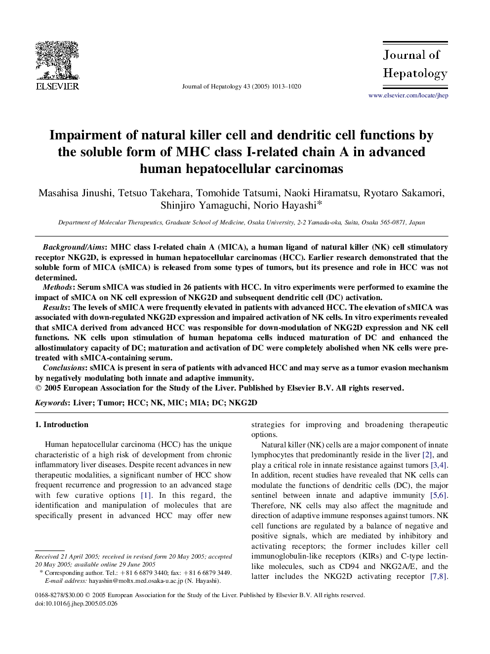 Impairment of natural killer cell and dendritic cell functions by the soluble form of MHC class I-related chain A in advanced human hepatocellular carcinomas