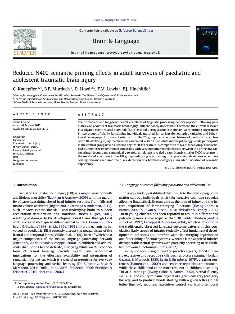 Reduced N400 semantic priming effects in adult survivors of paediatric and adolescent traumatic brain injury