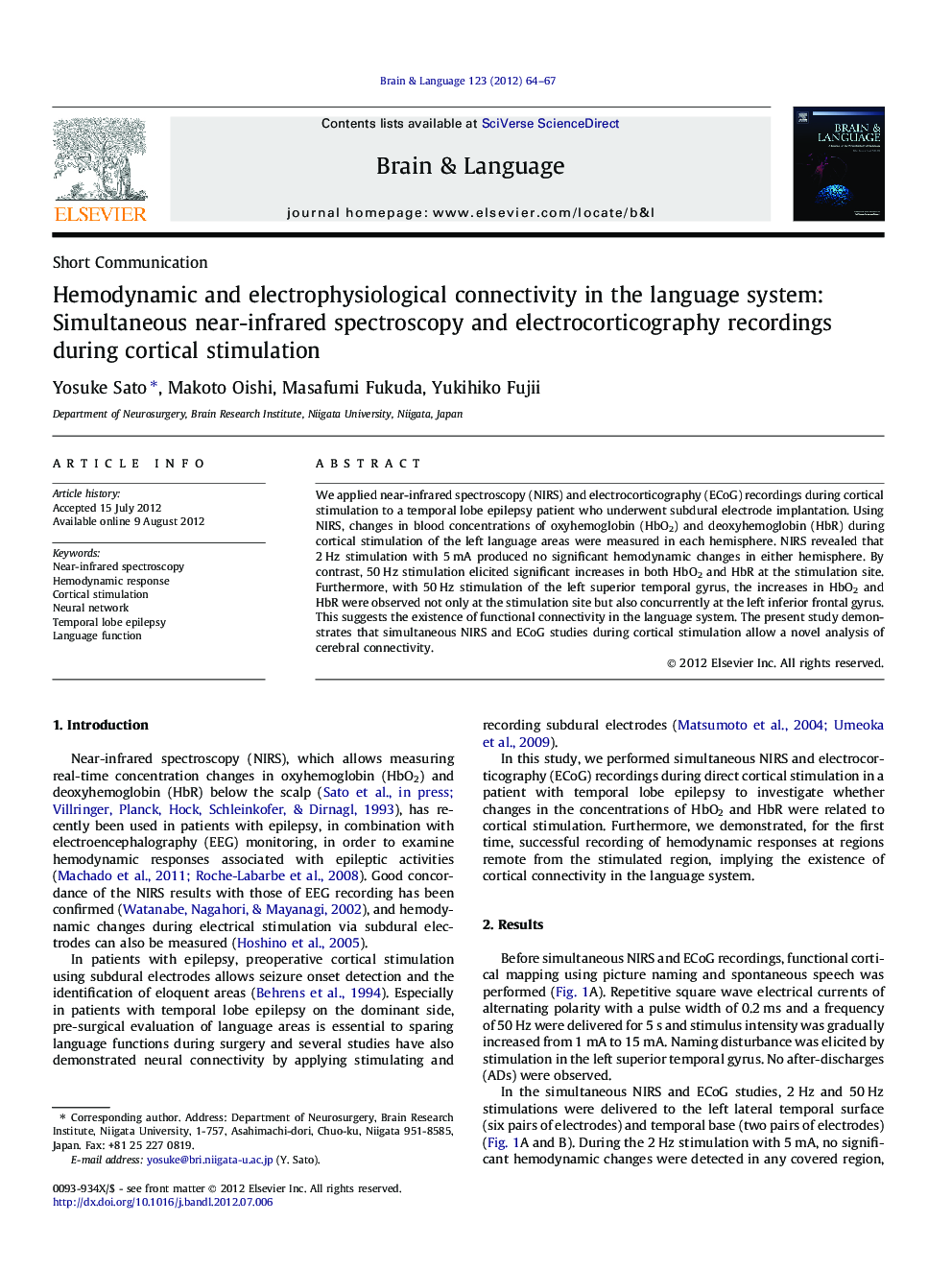 Hemodynamic and electrophysiological connectivity in the language system: Simultaneous near-infrared spectroscopy and electrocorticography recordings during cortical stimulation