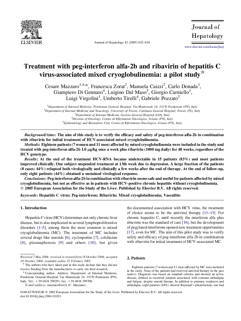 Treatment with peg-interferon alfa-2b and ribavirin of hepatitis C virus-associated mixed cryoglobulinemia: a pilot study