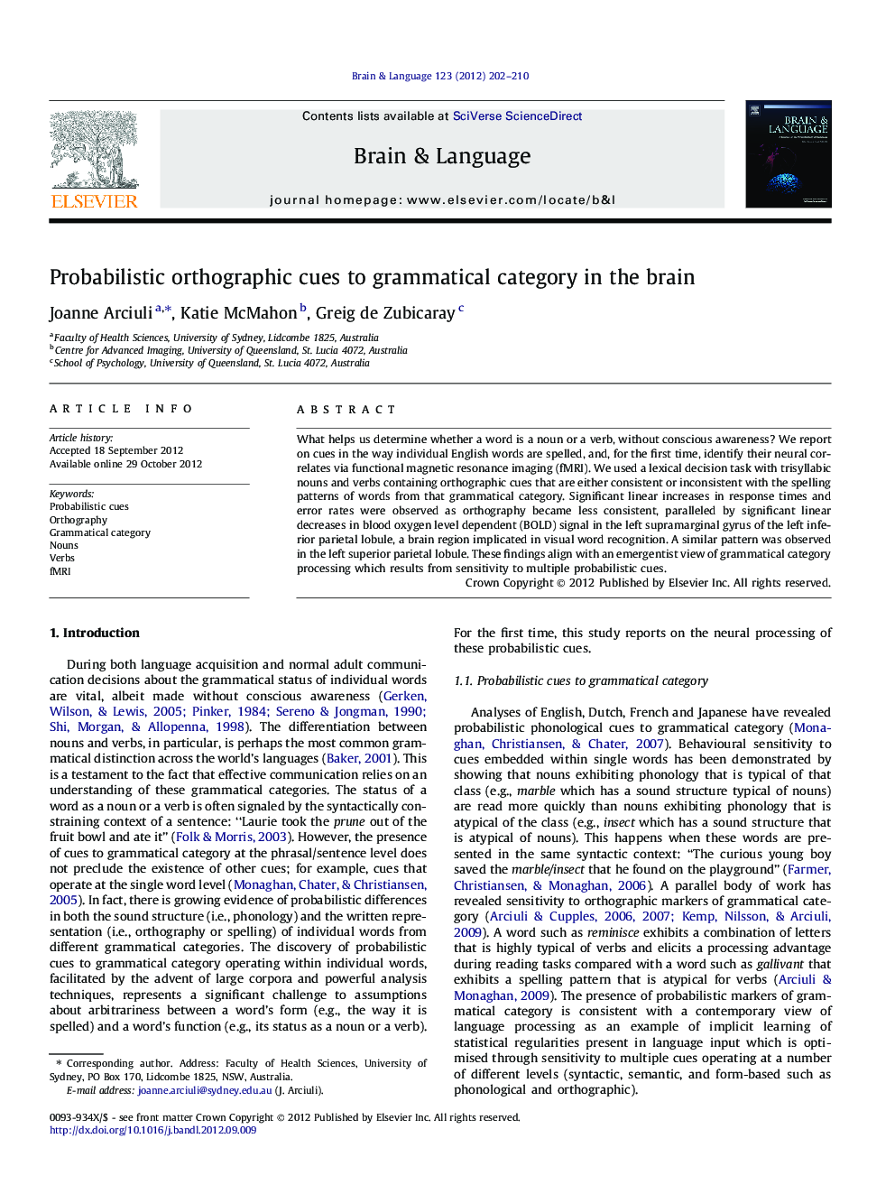 Probabilistic orthographic cues to grammatical category in the brain