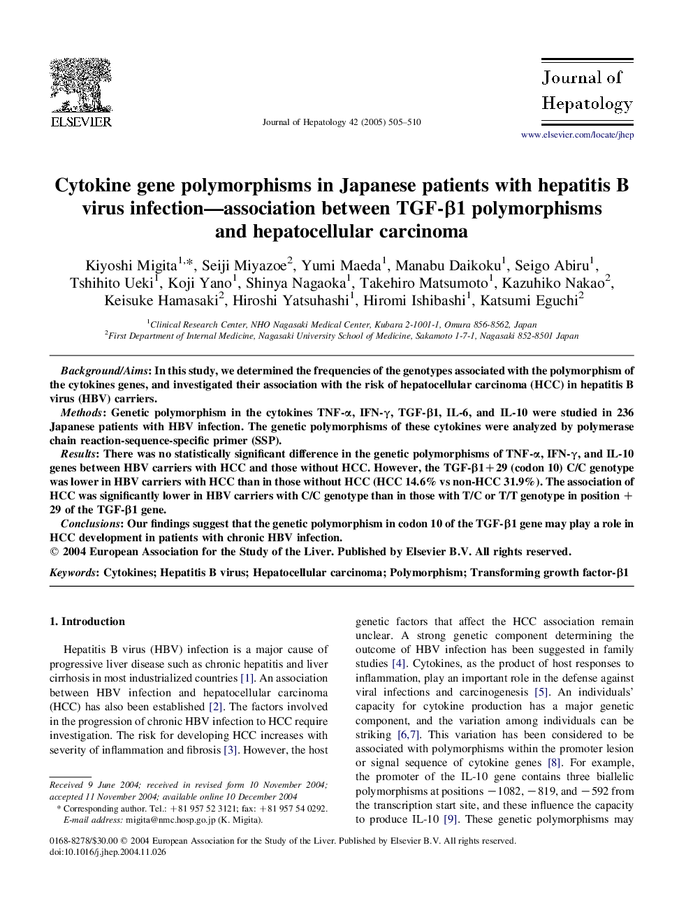 Cytokine gene polymorphisms in Japanese patients with hepatitis B virus infection-association between TGF-Î²1 polymorphisms and hepatocellular carcinoma