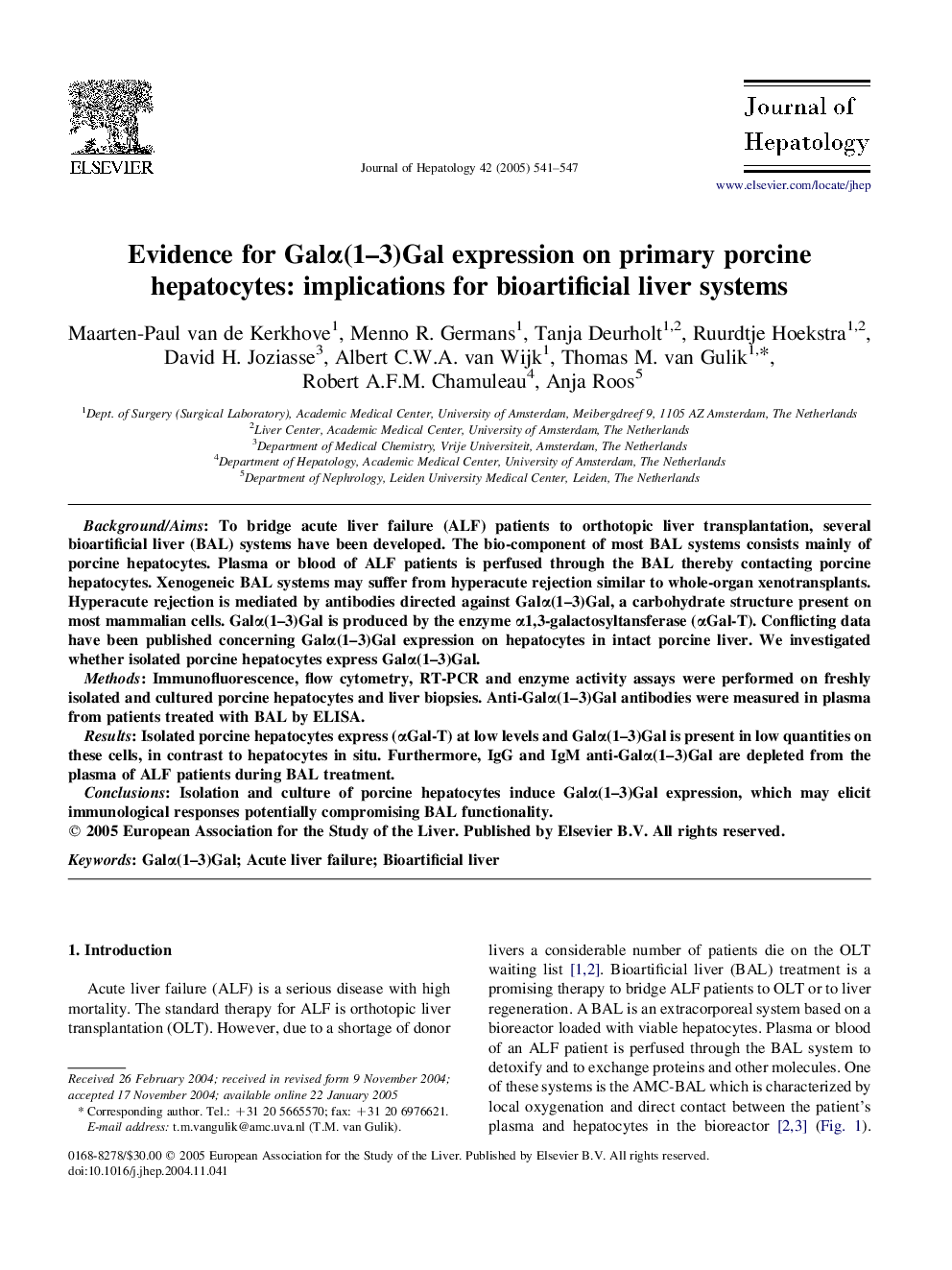 Evidence for GalÎ±(1-3)Gal expression on primary porcine hepatocytes: implications for bioartificial liver systems