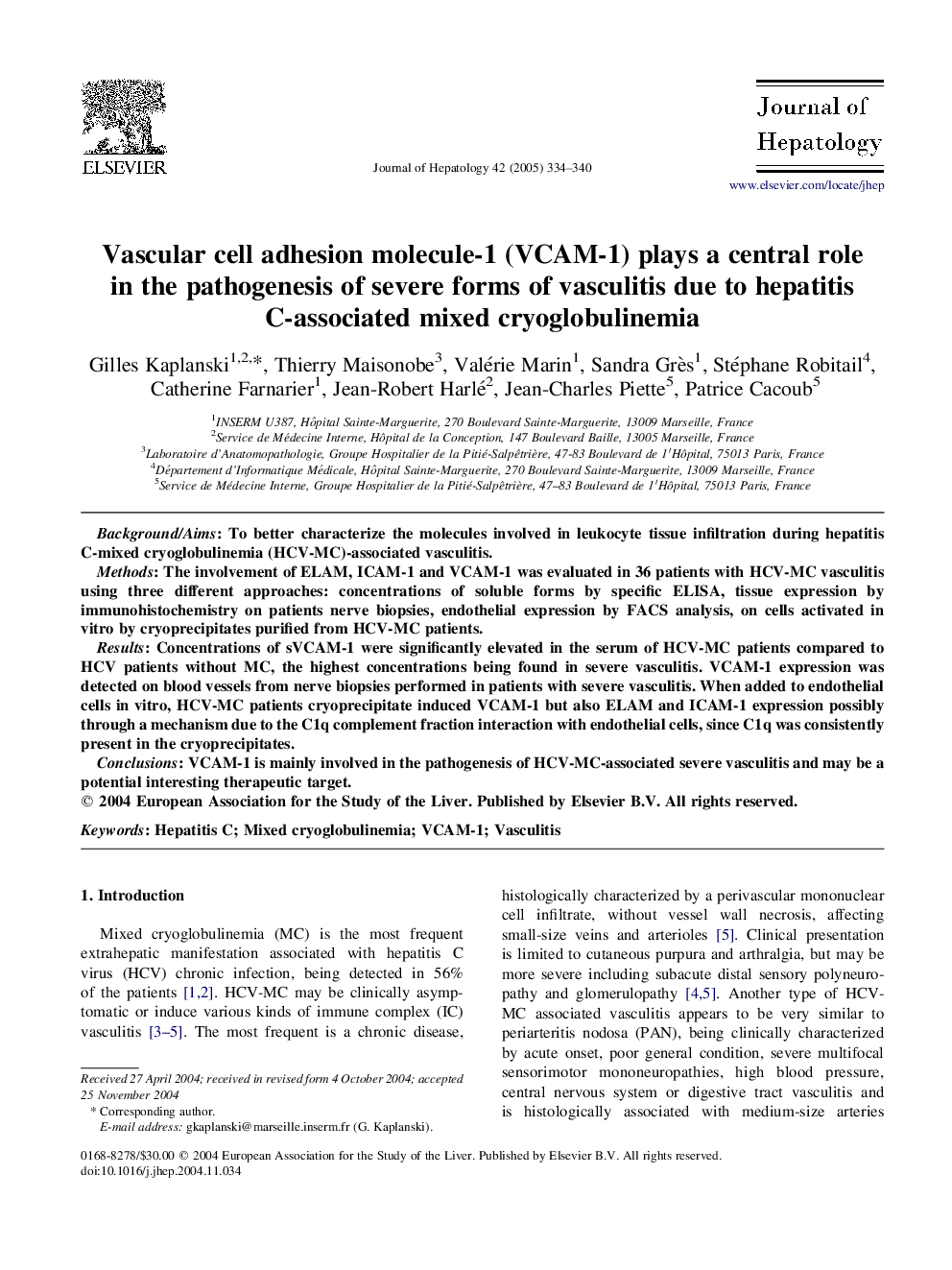 Vascular cell adhesion molecule-1 (VCAM-1) plays a central role in the pathogenesis of severe forms of vasculitis due to hepatitis C-associated mixed cryoglobulinemia