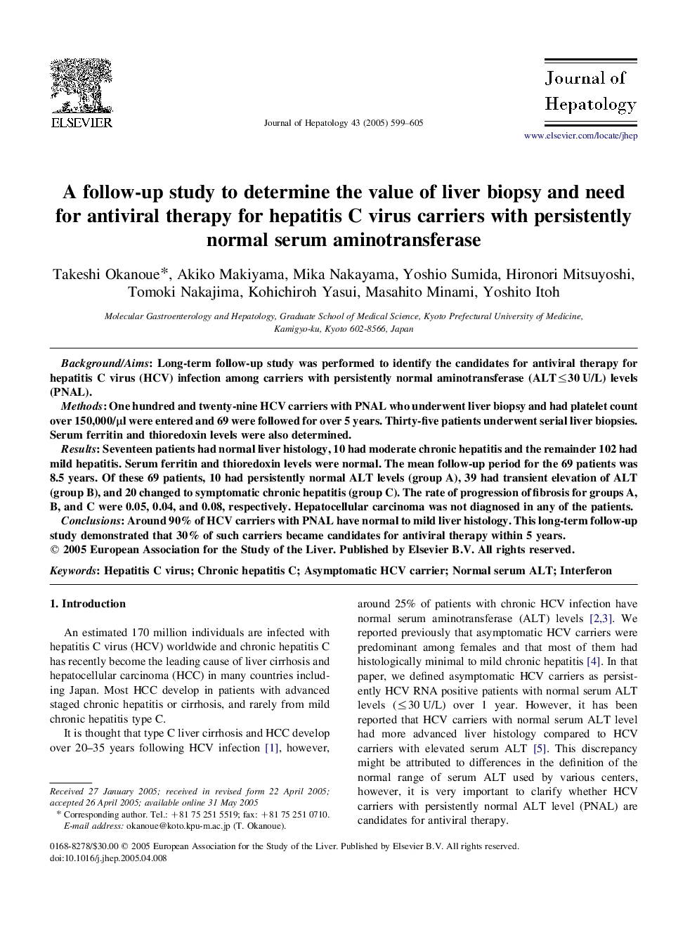 A follow-up study to determine the value of liver biopsy and need for antiviral therapy for hepatitis C virus carriers with persistently normal serum aminotransferase