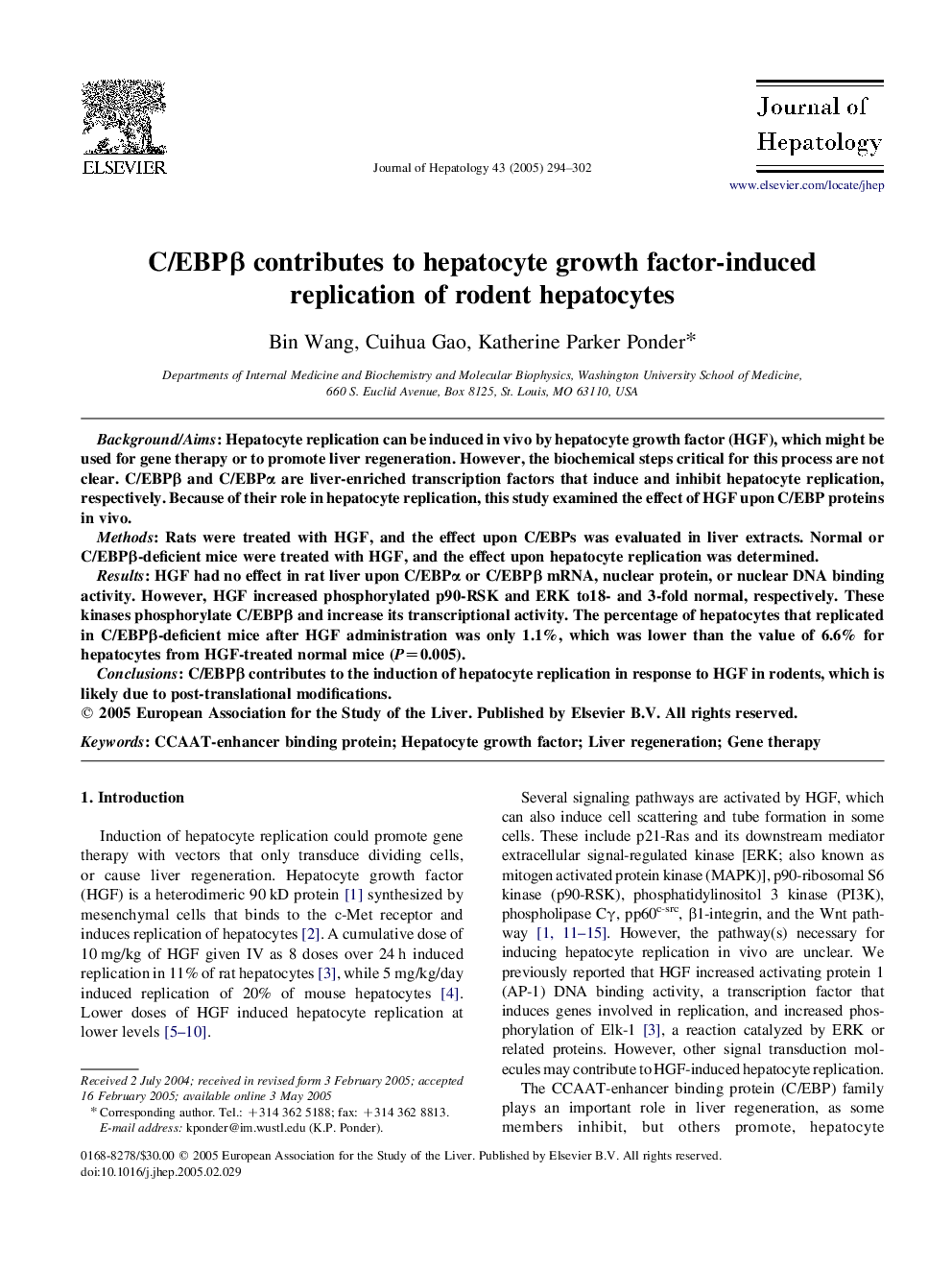 C/EBPÎ² contributes to hepatocyte growth factor-induced replication of rodent hepatocytes