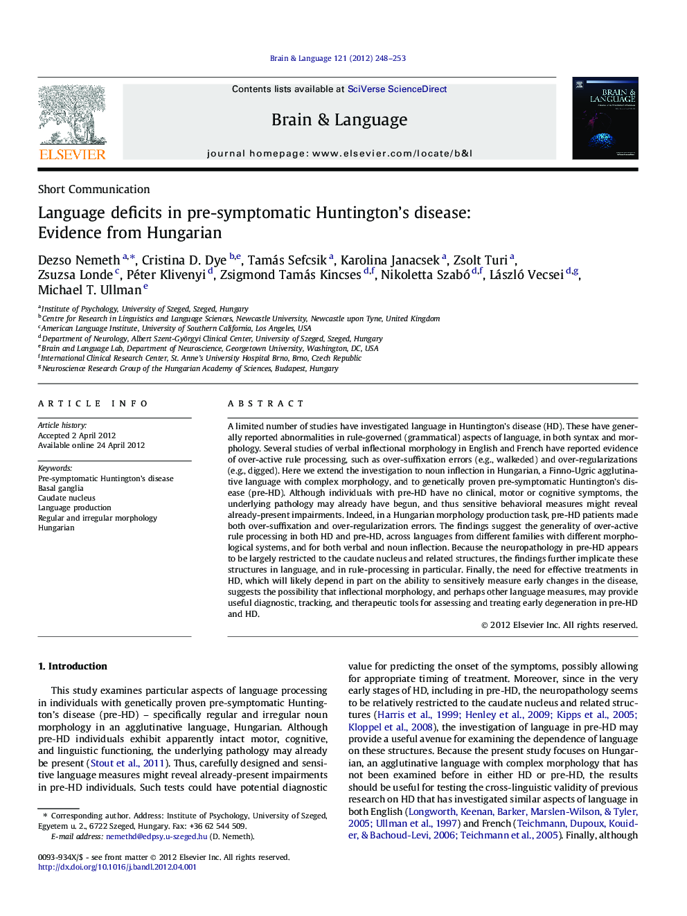 Language deficits in pre-symptomatic Huntington’s disease: Evidence from Hungarian