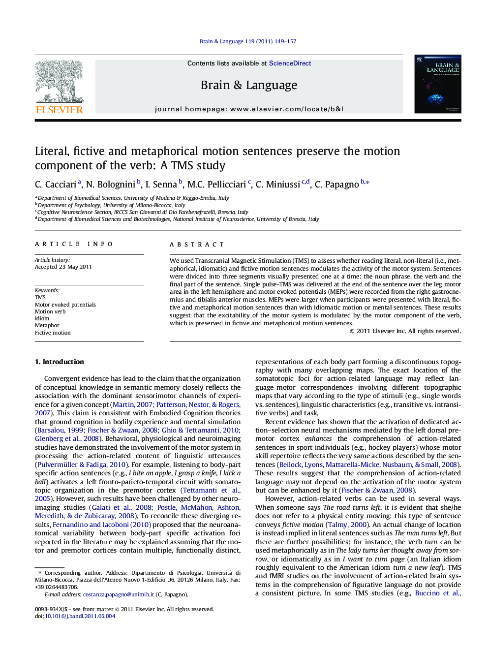 Literal, fictive and metaphorical motion sentences preserve the motion component of the verb: A TMS study