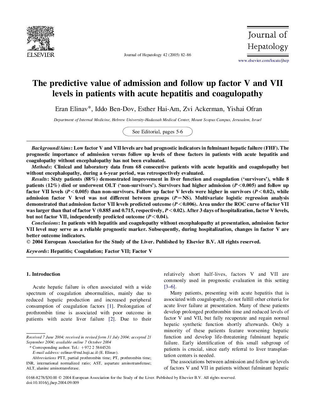 The predictive value of admission and follow up factor V and VII levels in patients with acute hepatitis and coagulopathy