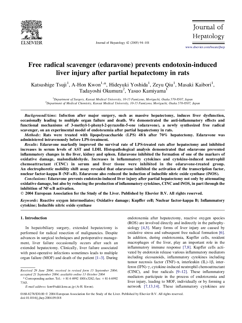 Free radical scavenger (edaravone) prevents endotoxin-induced liver injury after partial hepatectomy in rats