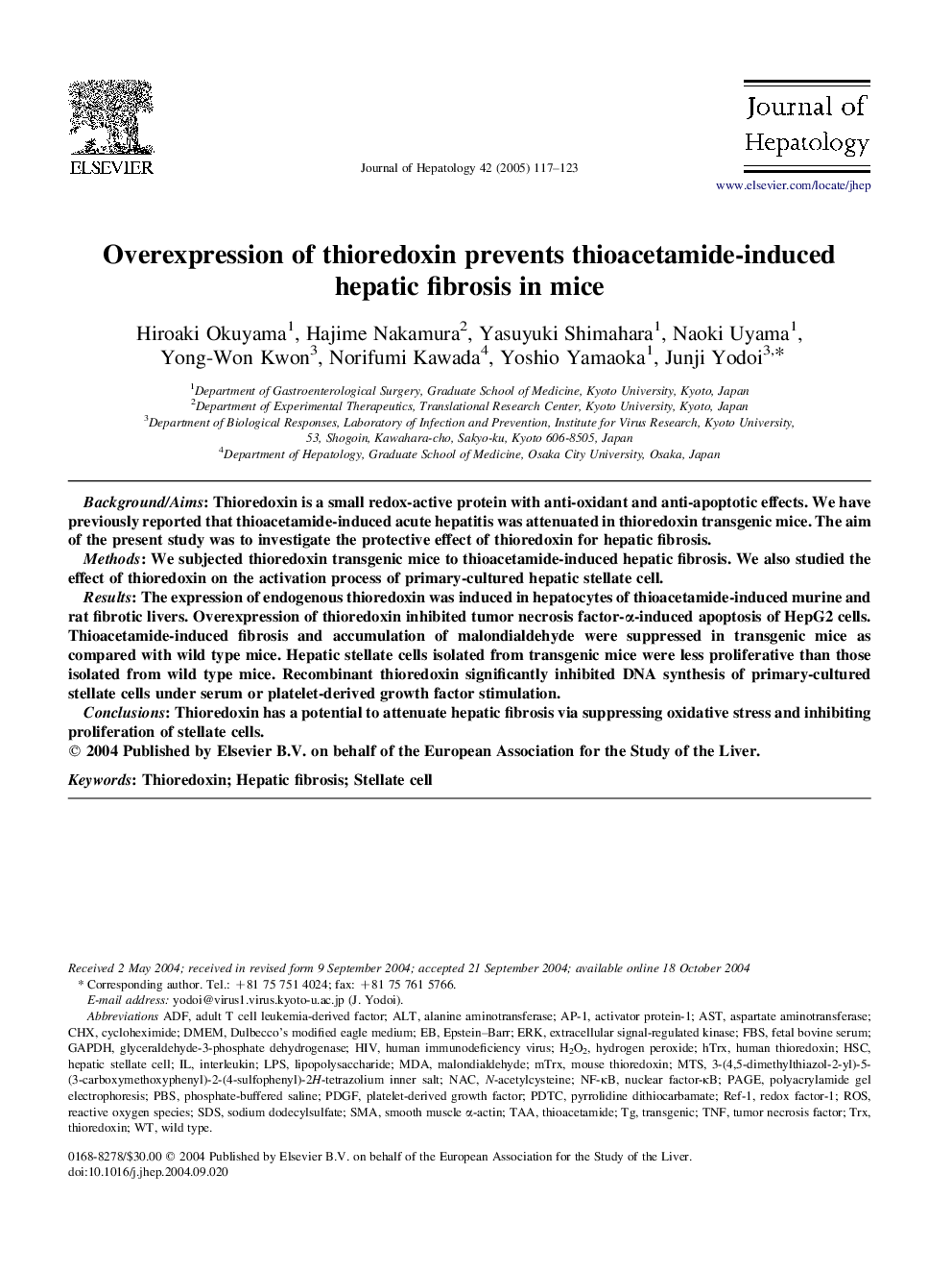 عکس صفحه اول مقاله: Overexpression of thioredoxin prevents thioacetamide-induced hepatic fibrosis in mice Overexpression of thioredoxin prevents thioacetamide-induced hepatic fibrosis in mice