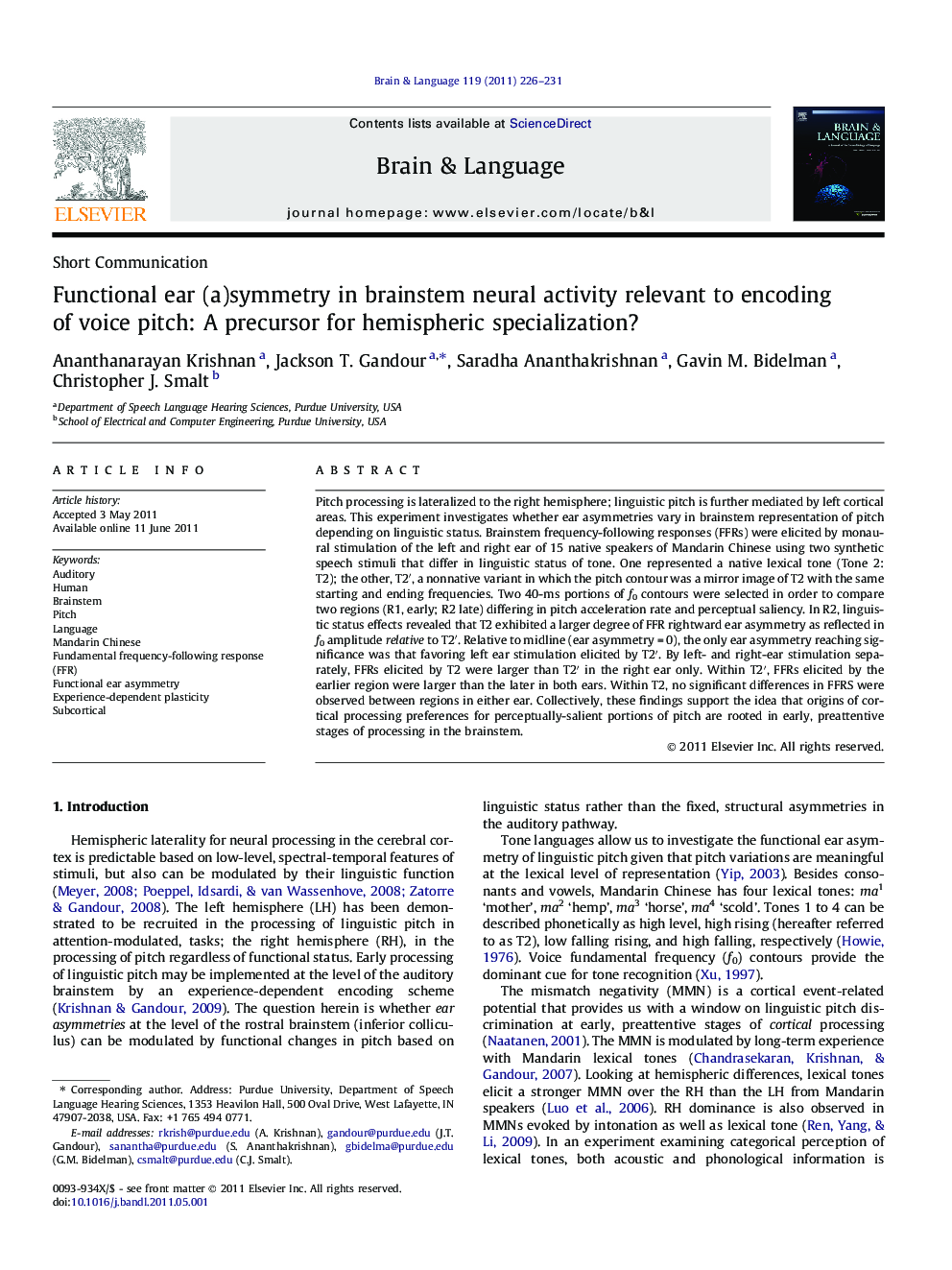 Functional ear (a)symmetry in brainstem neural activity relevant to encoding of voice pitch: A precursor for hemispheric specialization?