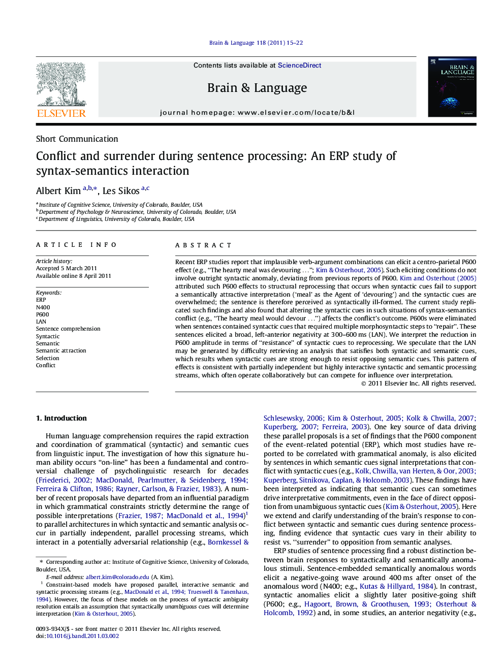 Conflict and surrender during sentence processing: An ERP study of syntax-semantics interaction