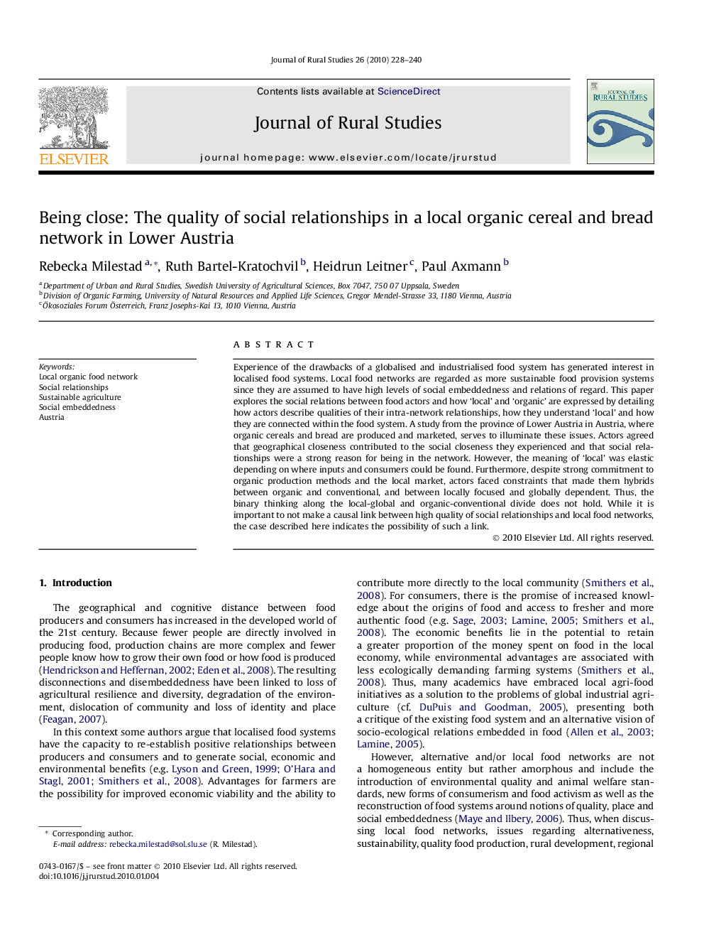 Being close: The quality of social relationships in a local organic cereal and bread network in Lower Austria