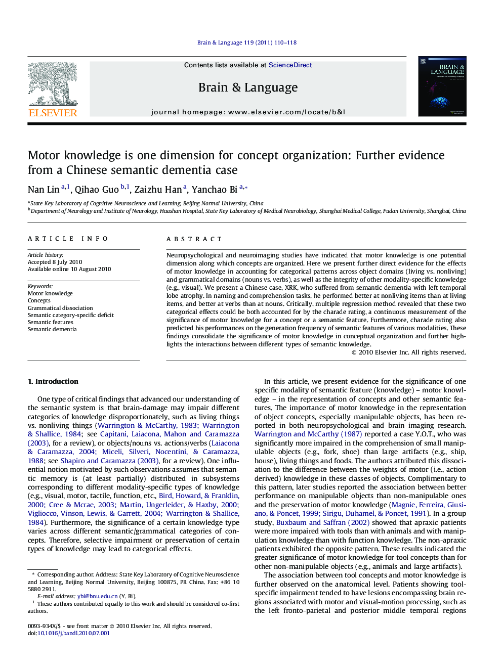 Motor knowledge is one dimension for concept organization: Further evidence from a Chinese semantic dementia case