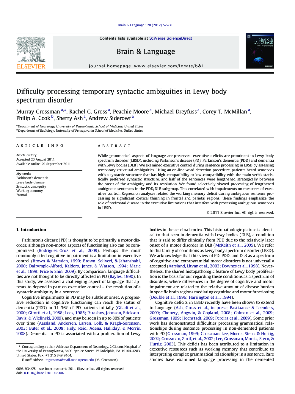 Difficulty processing temporary syntactic ambiguities in Lewy body spectrum disorder