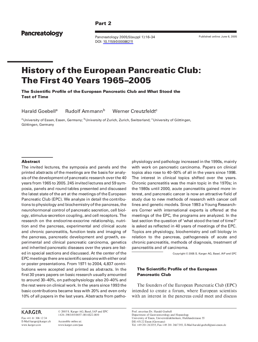 History of the European Pancreatic Club: The First 40 Years 1965-2005