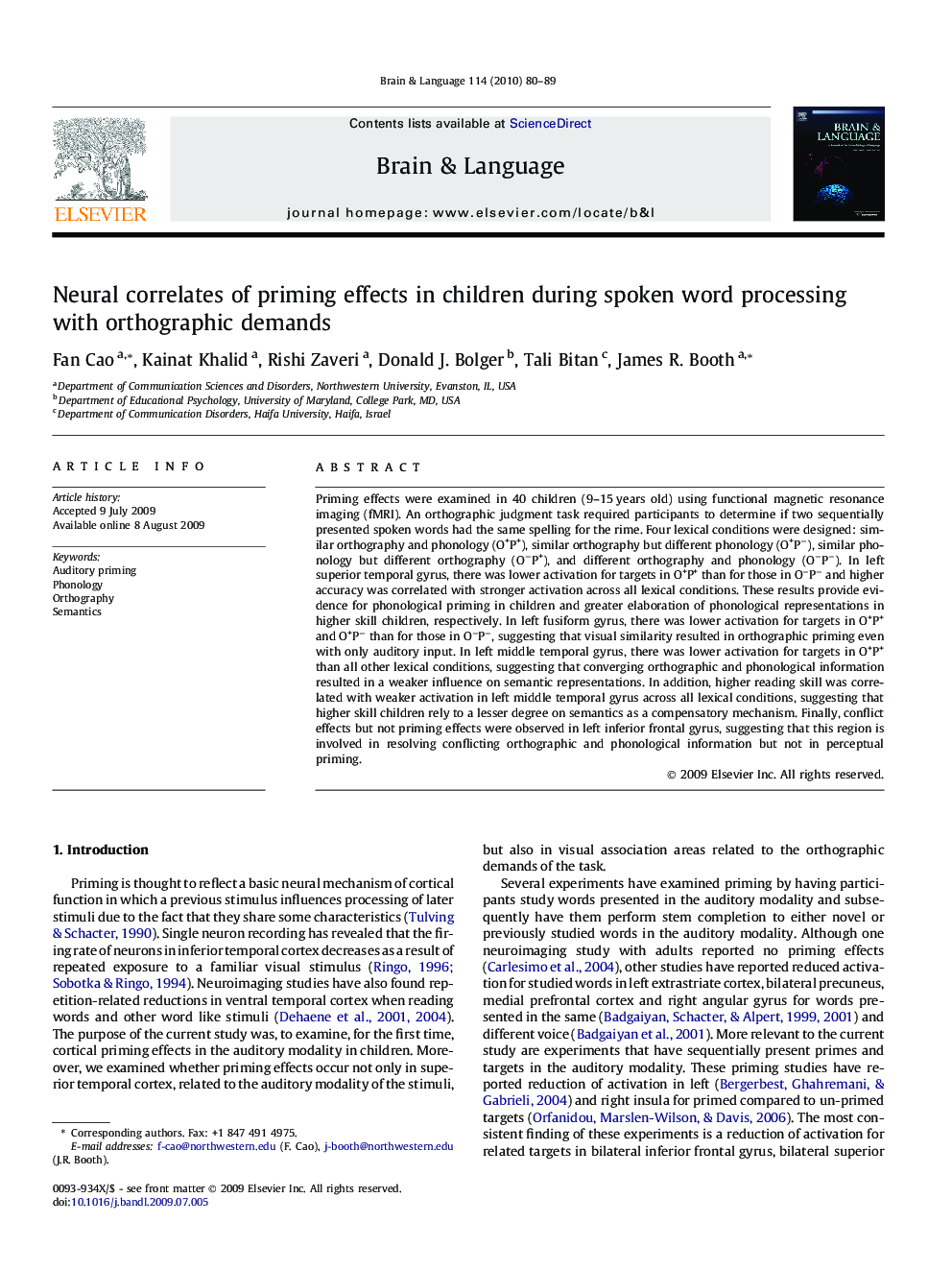 Neural correlates of priming effects in children during spoken word processing with orthographic demands