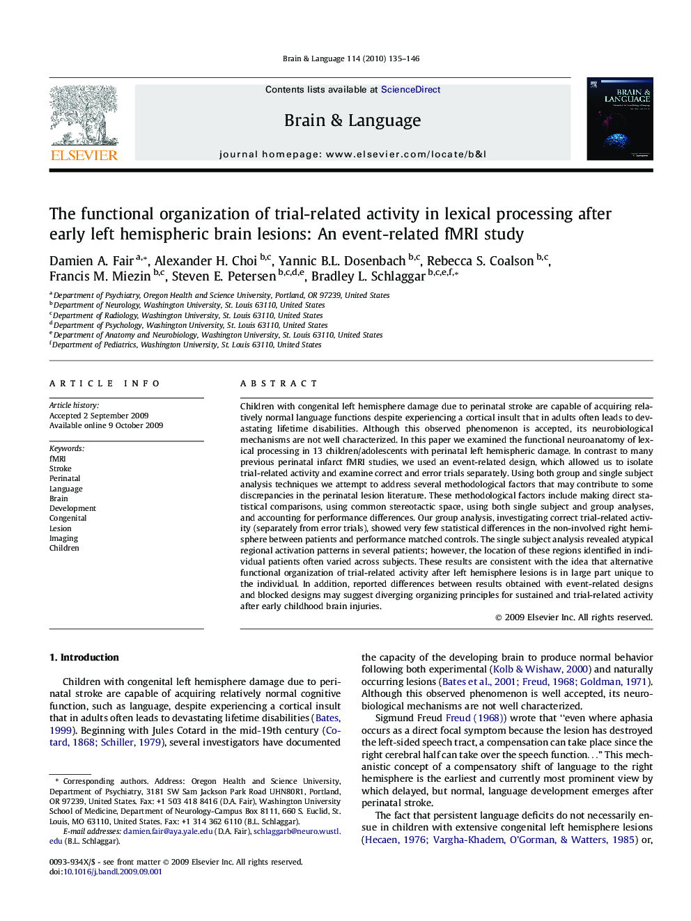 The functional organization of trial-related activity in lexical processing after early left hemispheric brain lesions: An event-related fMRI study