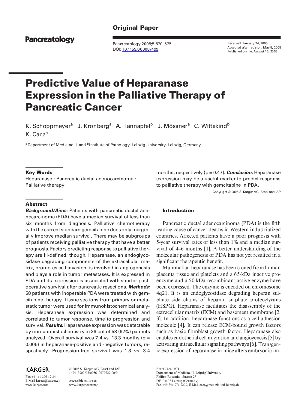 Predictive value of heparanase expression in the palliative therapy of pancreatic cancer