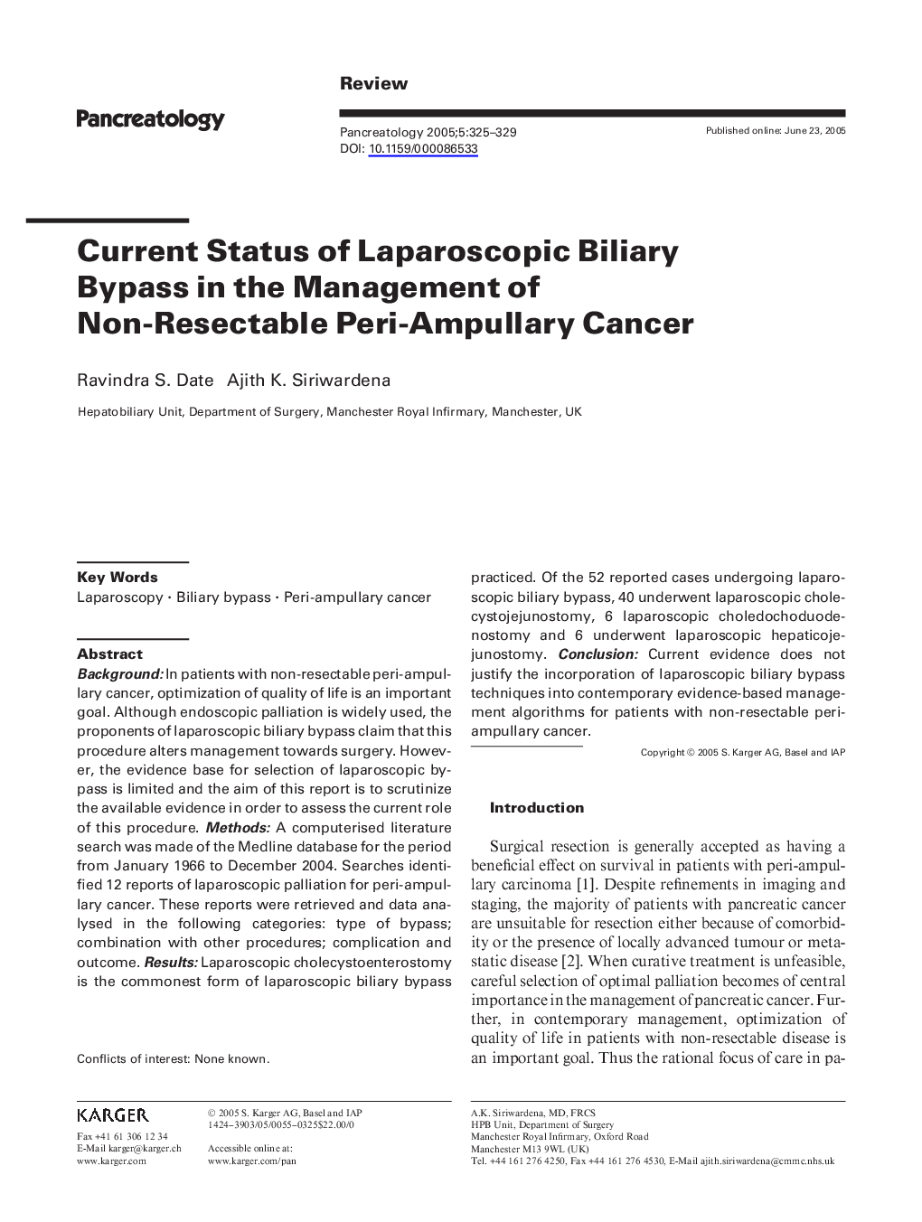 Current status of laparoscopic biliary bypass in the management of non-resectable peri-ampullary cancer