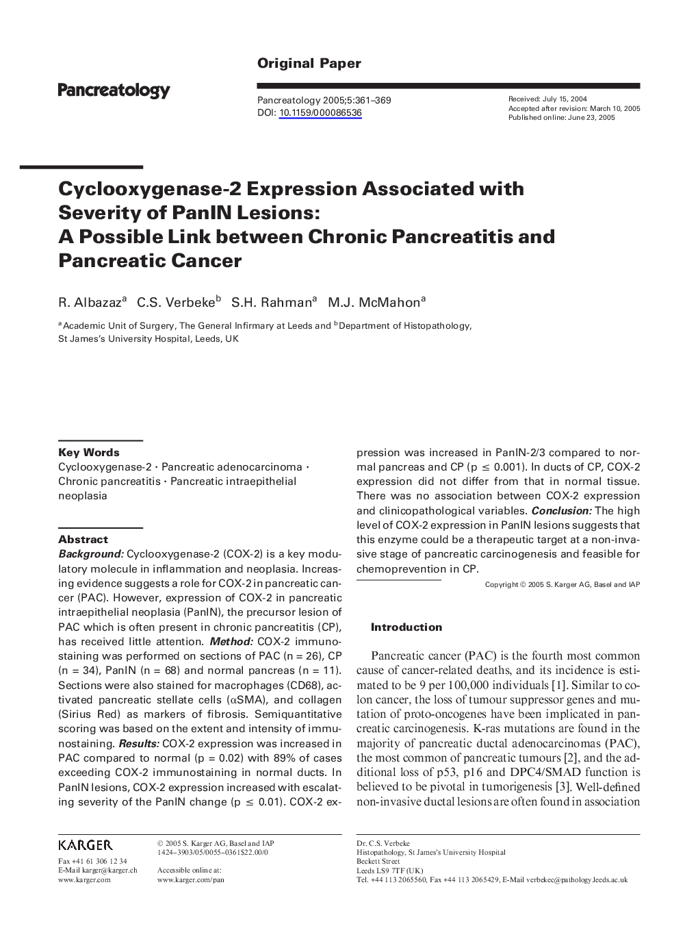 Cyclooxygenase-2 expression associated with severity of PanIN lesions: A possible link between chronic pancreatitis and pancreatic cancer