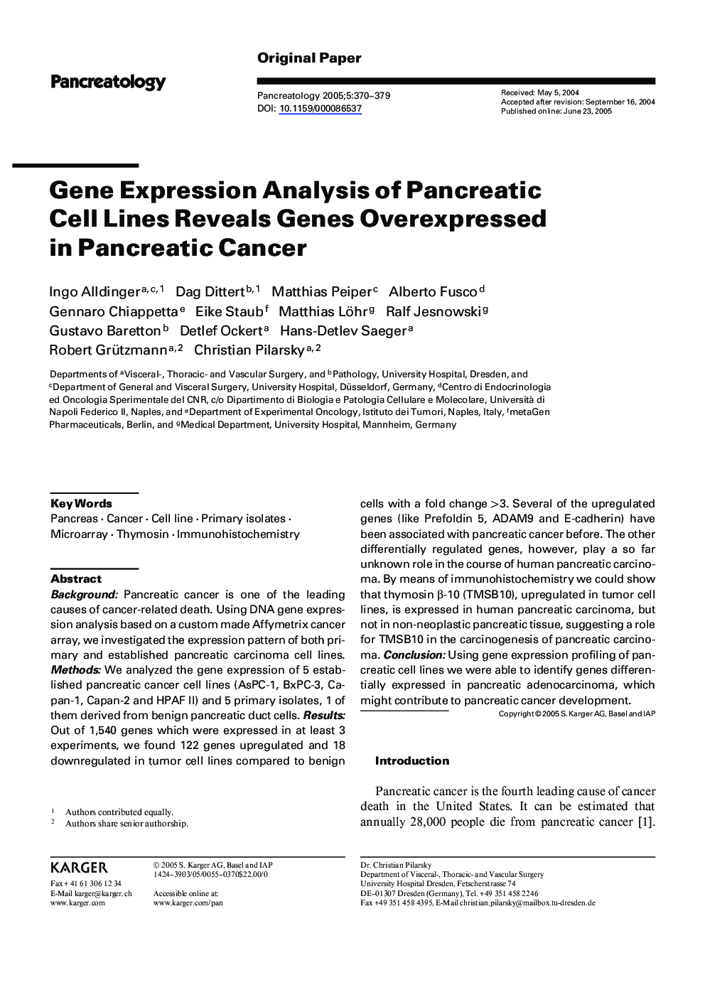 Gene expression analysis of pancreatic cell lines reveals genes overexpressed in pancreatic cancer