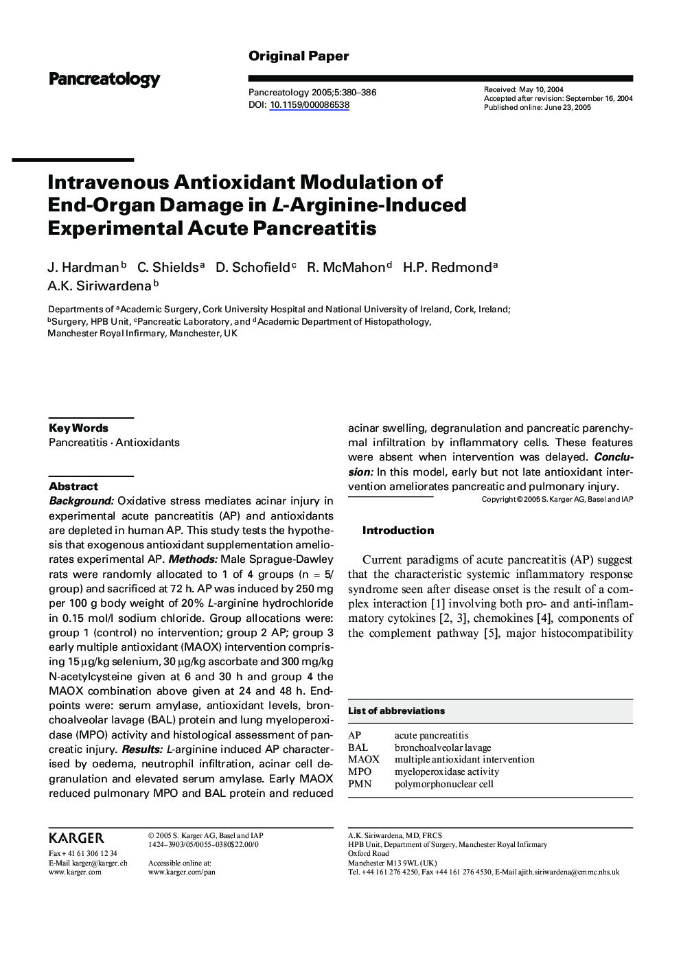 Intravenous antioxidant modulation of end-organ damage in L-arginine-induced experimental acute pancreatitis