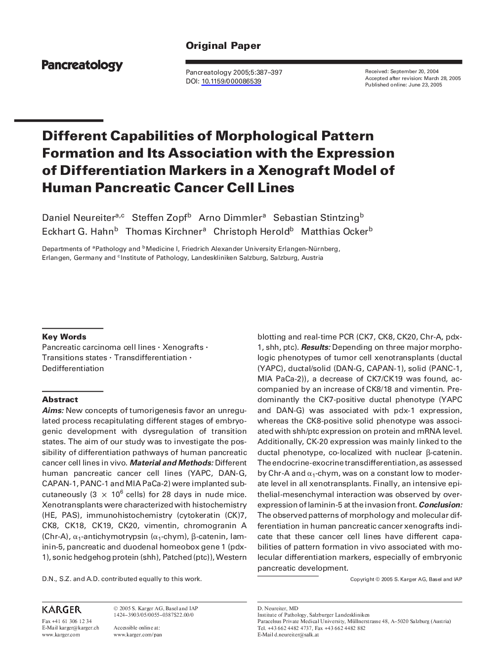 Different capabilities of morphological pattern formation and its association with the expression of differentiation markers in a xenograft model of human pancreatic cancer cell lines